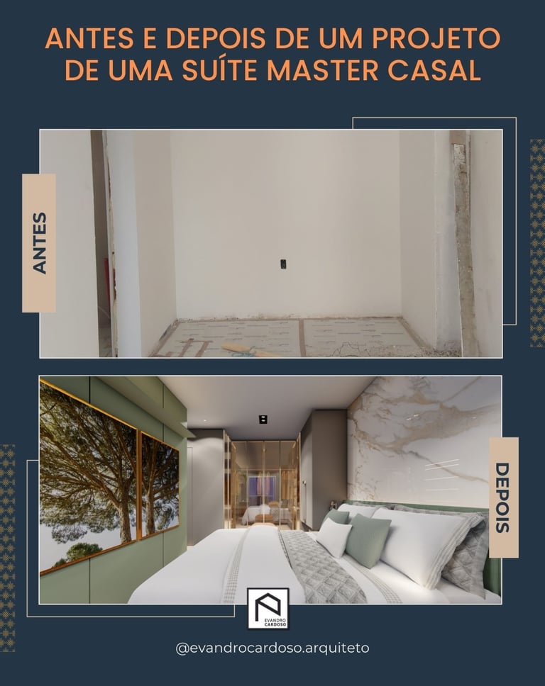 Antes e Depois de projeto de Arquitetura e Interiores de uma suíte master casal em São Paulo