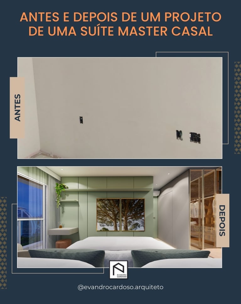 Antes e Depois de projeto de Interiores de Quarto de Casal Master em São Paulo