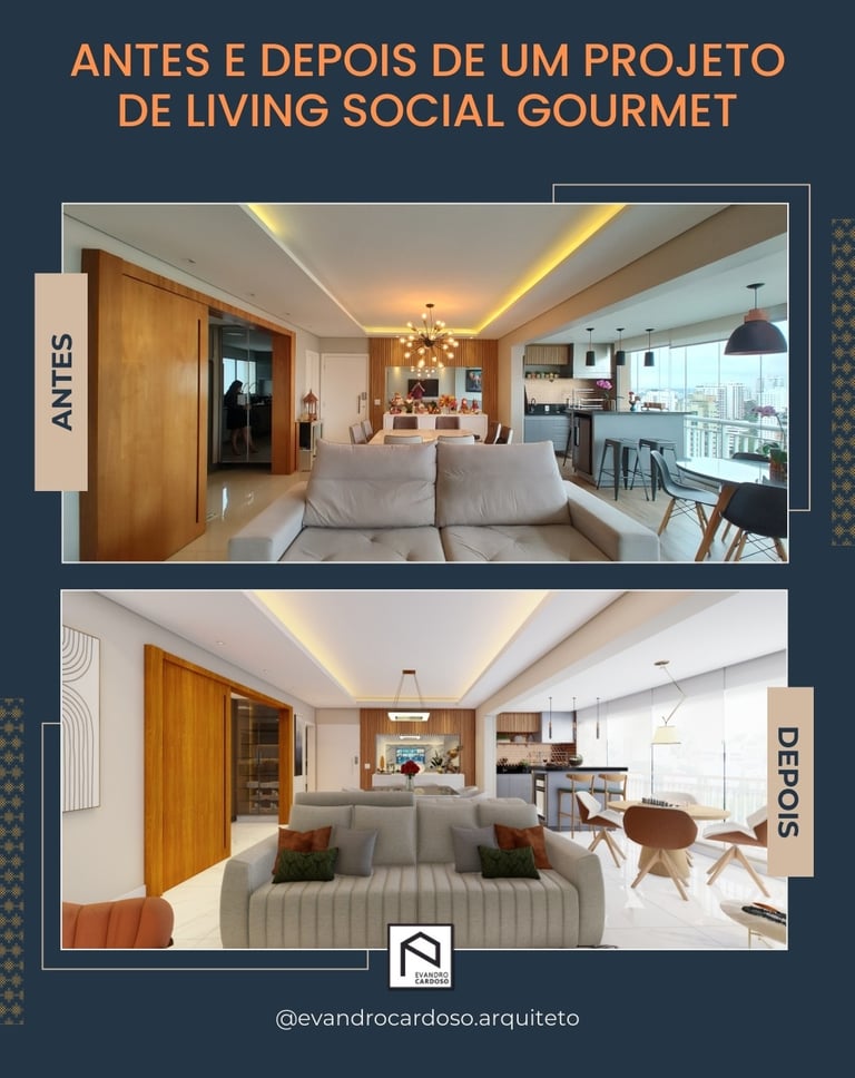 Antes e Depois de projeto de Arquitetura e Interiores de Living Social e Sala de Estar em São Paulo