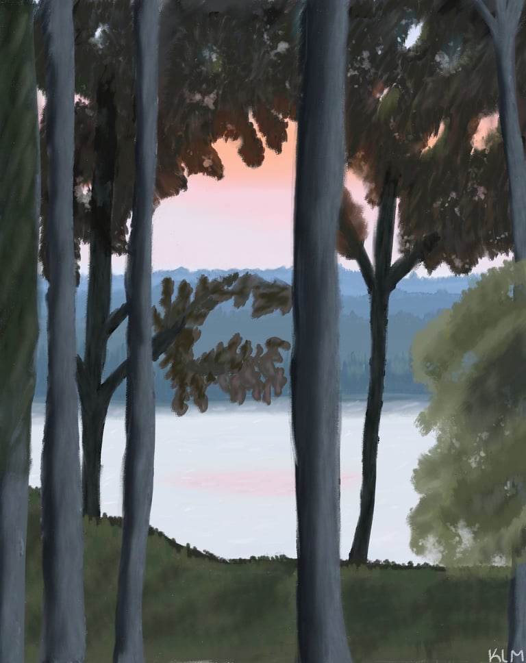 a digital watercolor painting of trees overlooking a lake