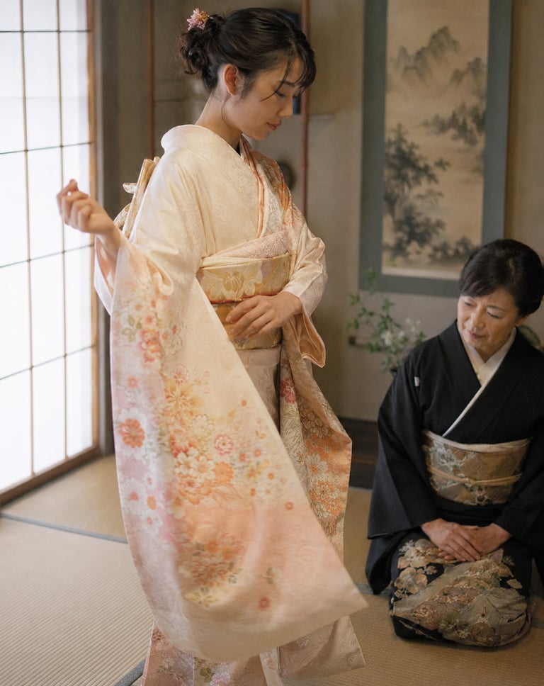 A young woman wears a floral silk kimono while an elder woman in a black kimono assists.