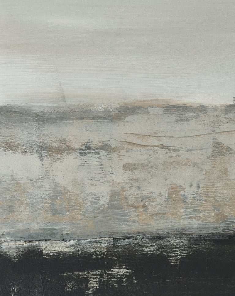 Minimalist abstract landscape painting featuring textured layers of grey, beige, and black acrylic paint on canvas.