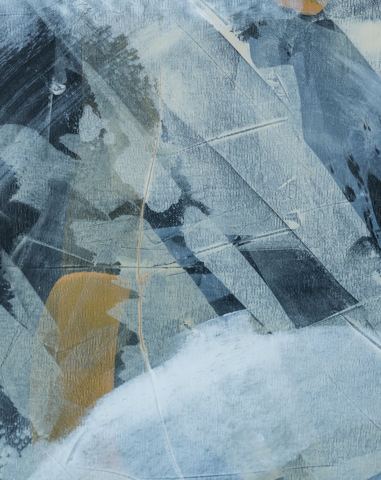 Abstract acrylic painting with textured blue, gray, and mustard yellow brushstrokes on canvas.