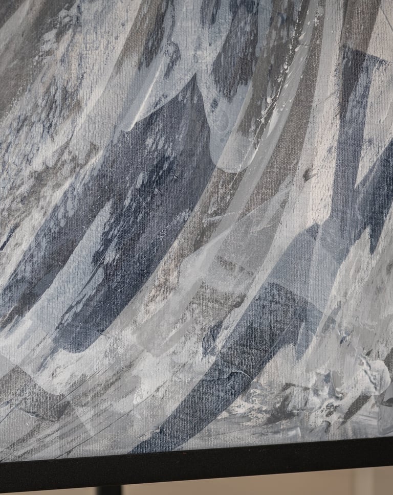 Abstract acrylic painting on canvas with textured brushstrokes in shades of gray, white, and blue.