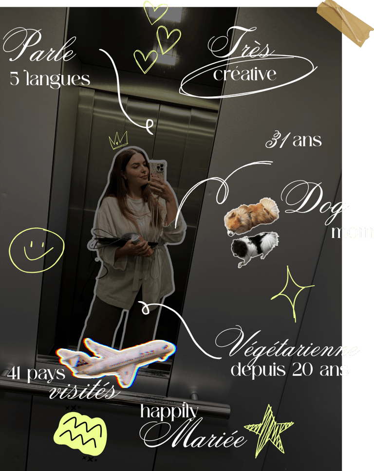Woman taking a mirror selfie in an elevator with doodles describing her as a creative dog mom and traveler.