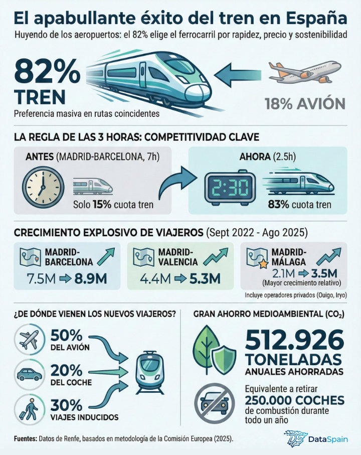 Infografía del éxito del tren frente al avión en España