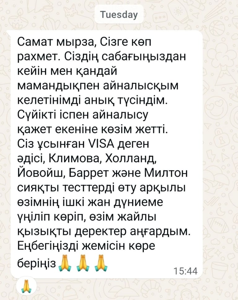 Пікір: кәсіп таңдау тренингі Самат Панов — VISA, Холланд тесттері, Қазақстан