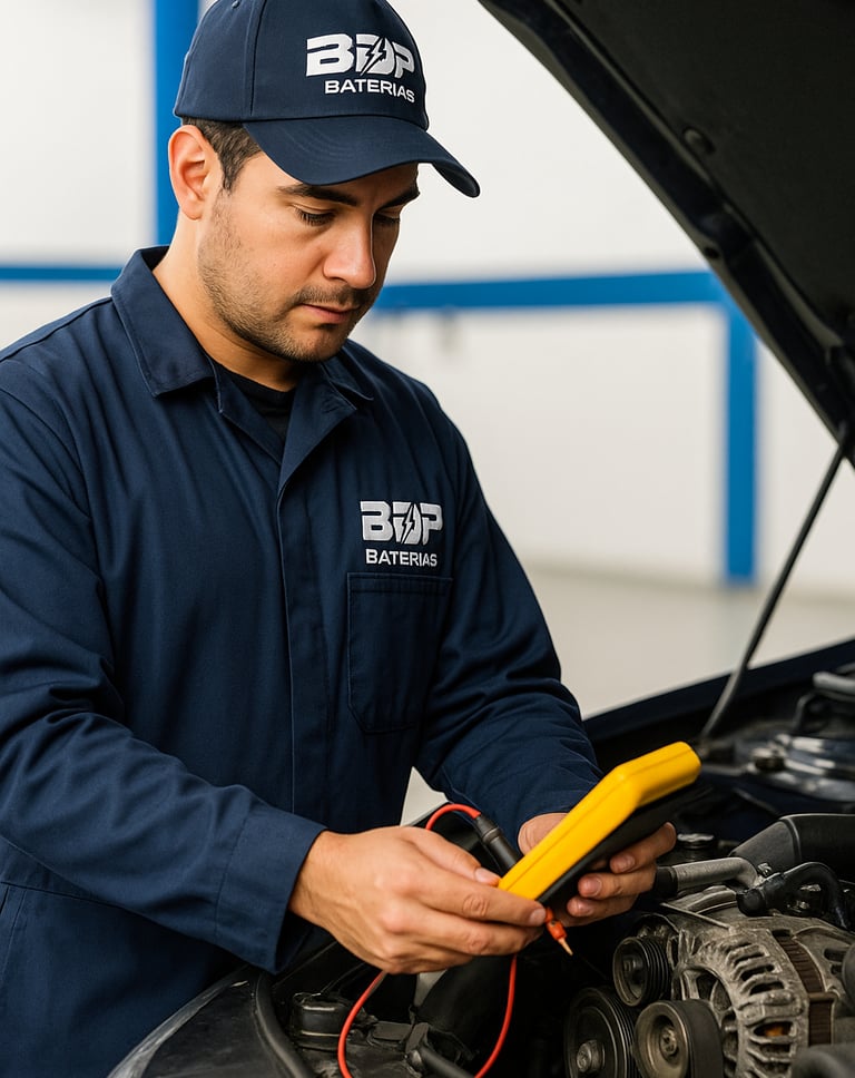 Técnico de BDP Baterías a Domicilio en Panamá realizando prueba de diagnóstico del alternador para g