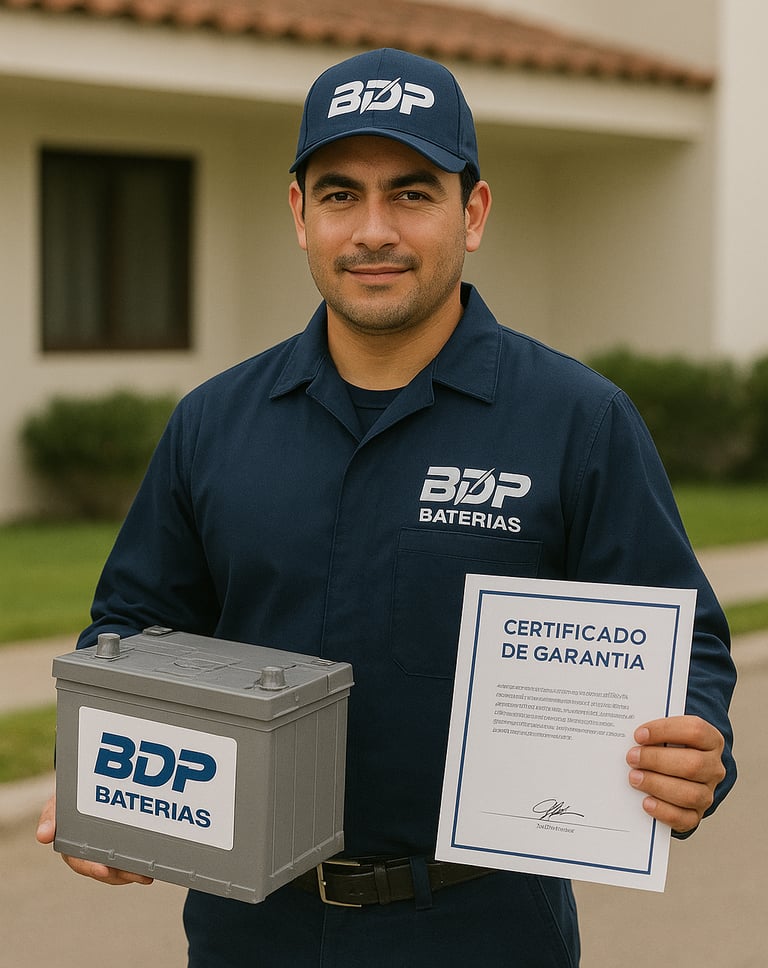 Técnico de BDP Baterías a Domicilio en Panamá mostrando una batería nueva y certificado de garantía,