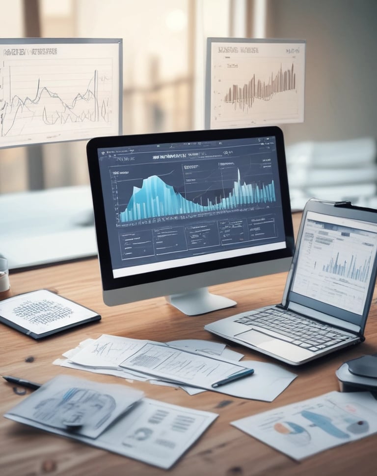 Close-up of a tablet displaying inventory management mobile app with colorful charts and data.