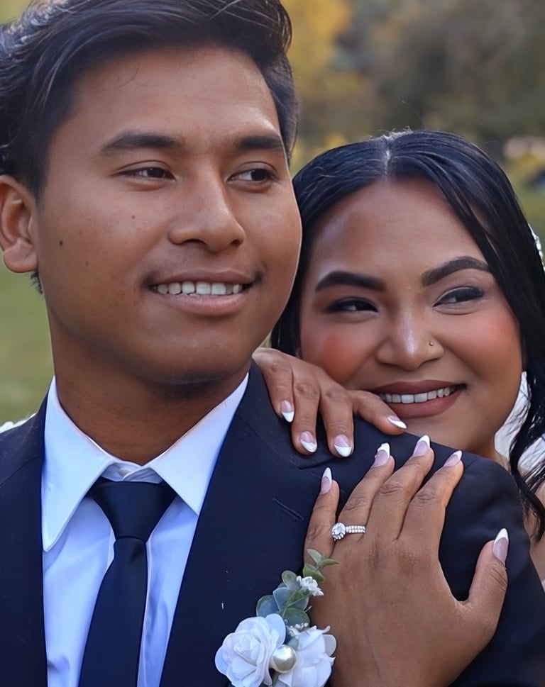 A smiling bride embraces her groom from behind, resting her hands on his chest to show her wedding r