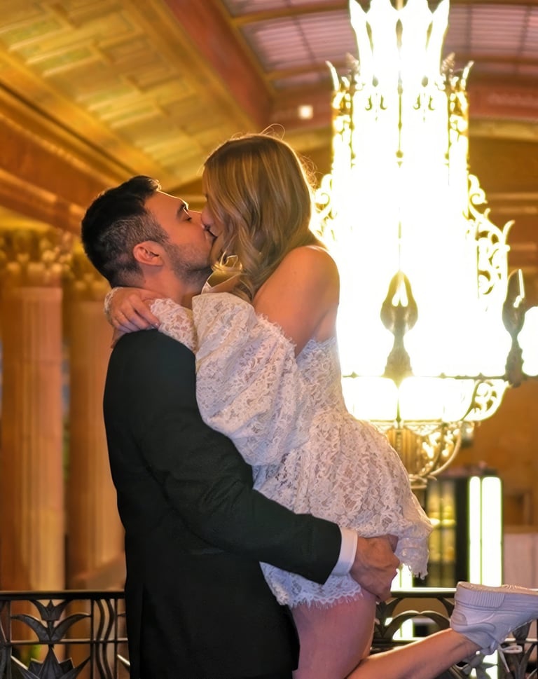 Couple embracing and kissing indoors with elegant chandelier lighting in the background, bride weari