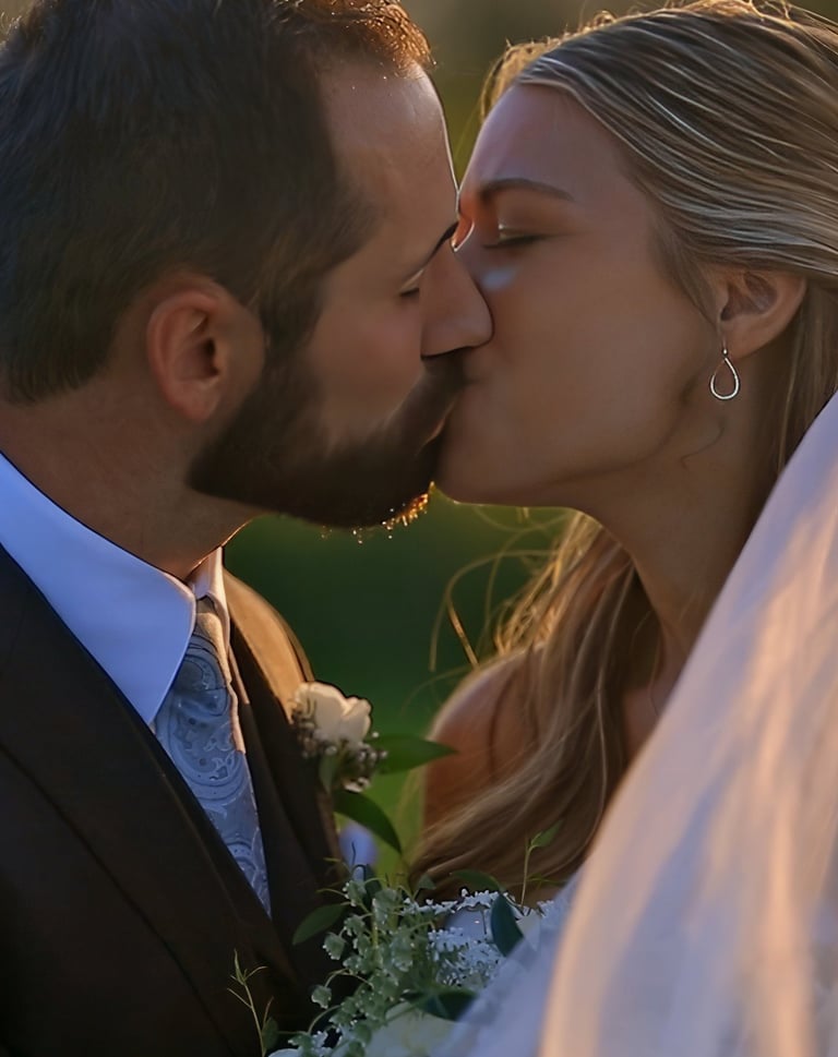 A bride and groom share a kiss at sunset on their wedding day, with the bride’s veil flowing in the