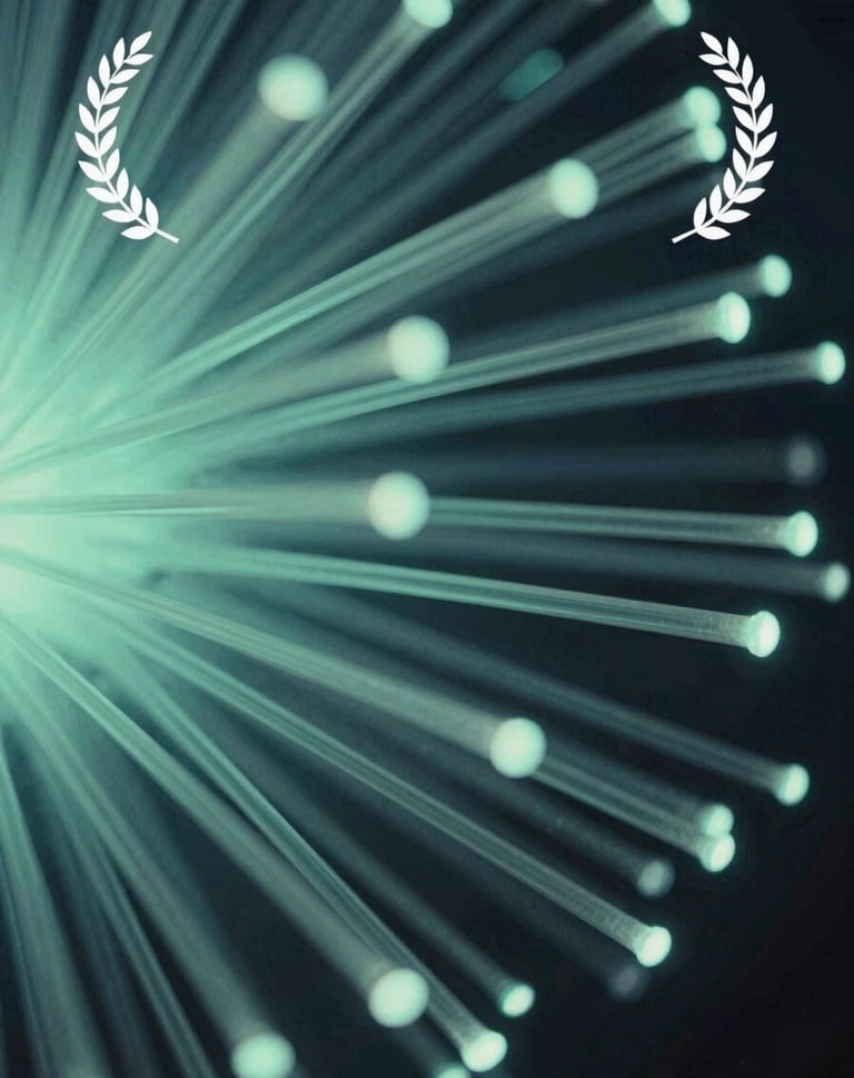 An abstract, artistic shot of data streams or light fibers glowing in muted seafoam green and slate ocean blue, symbolizing global connectivity and digital creativity.