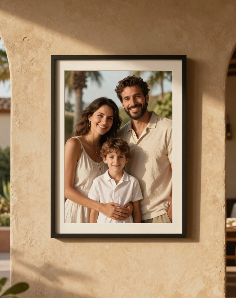 A framed lifestyle photograph of a happy family portrait hanging on a warm sand-colored wall inside a Southern European villa. Natural sunlight creates soft shadows and a cinematic, authentic feel.