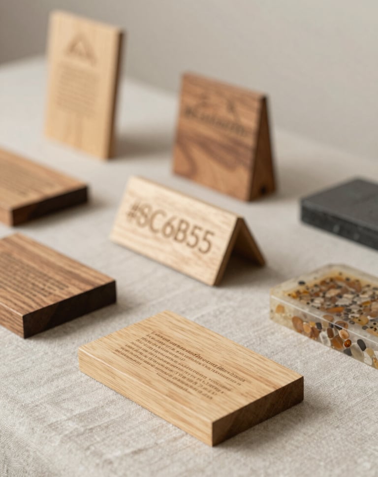 A collection of artisan gifts including wood signs and resin trays arranged neatly on a light taupe linen cloth, soft feminine lighting, #8C6B5E tones.