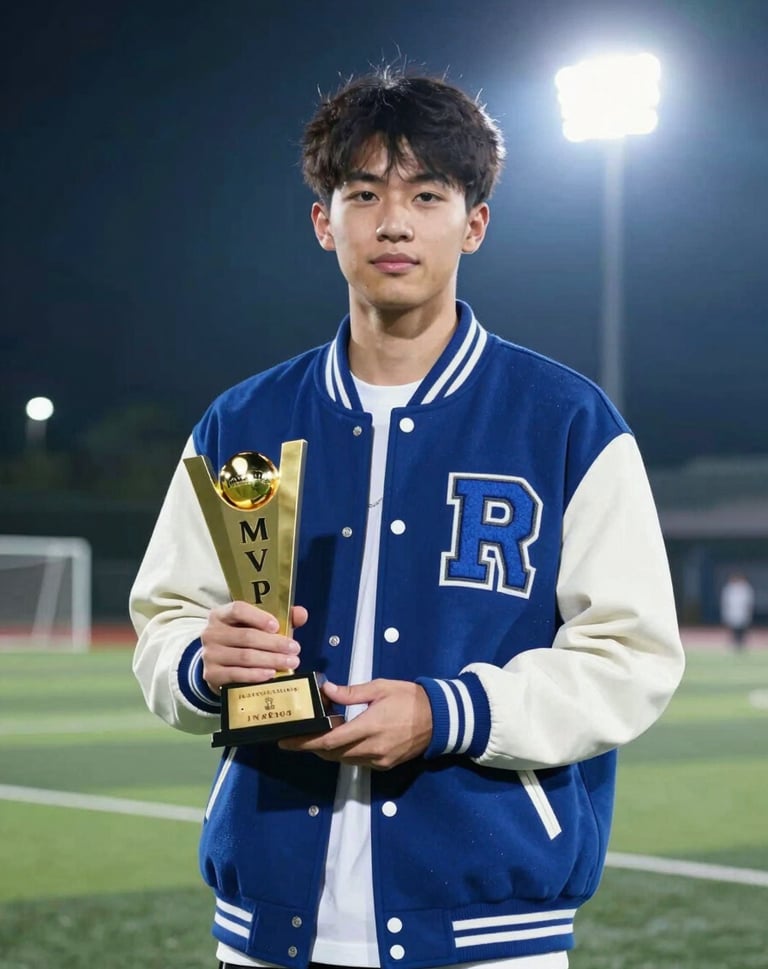 A high-school athlete in a letterman jacket holding an MVP trophy, standing on the field at night under bright stadium lights, professional and confident demeanor, #1C2B3A and #ECF2F8 tones.