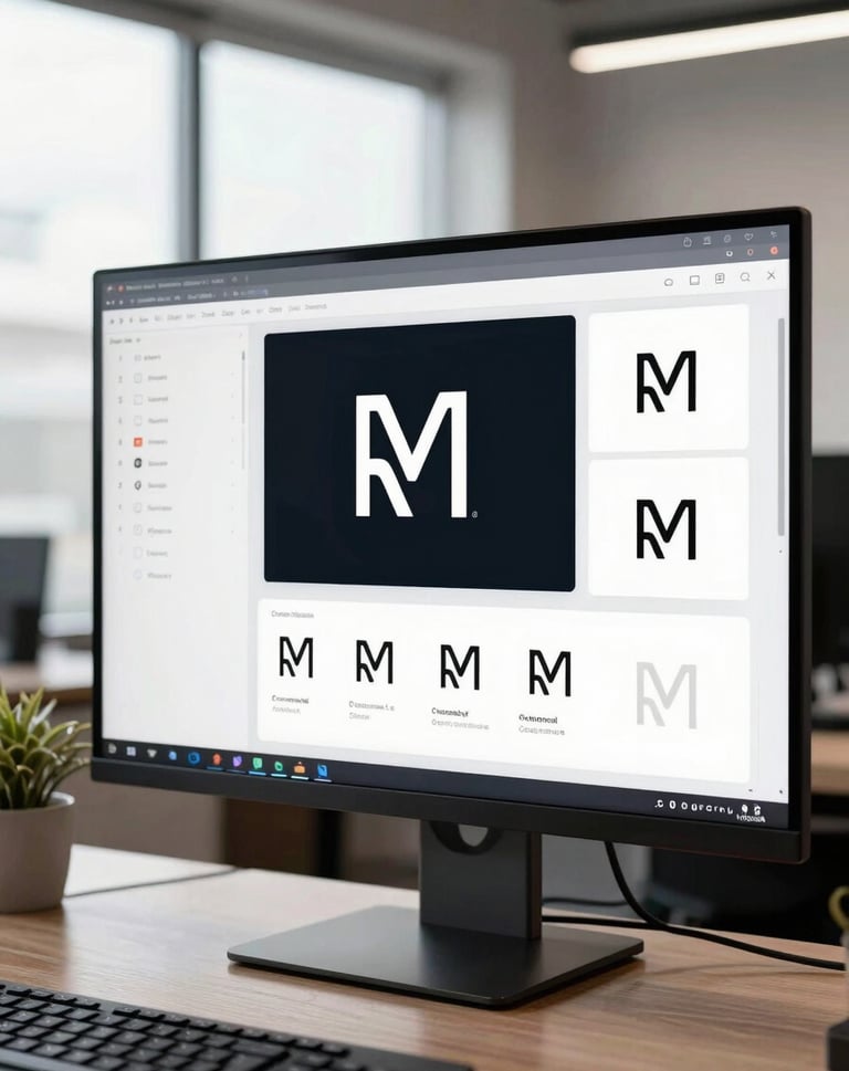 A professional photography shot of a branding presentation on a large monitor, showcasing minimalist logo designs and high-quality UI elements in a bright, modern creative agency space.