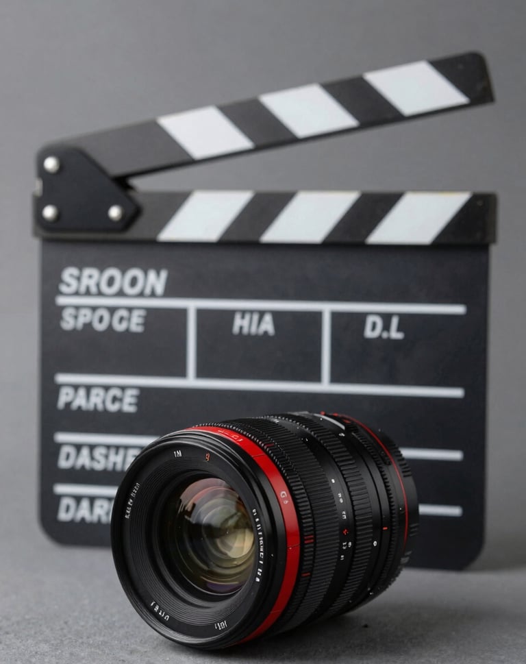 A minimalist, premium composition of a film slate and a high-end cinema lens. The palette is dominated by dark charcoal grey and deep black, with vibrant crimson red markings on the lens dial.