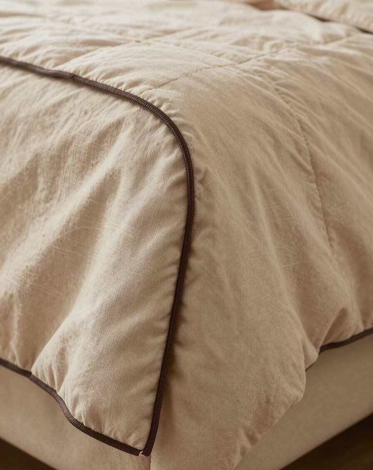Detailed shot of the quilt's corner showing the hand-sewn binding in a dark espresso thread, contrasting elegantly with the soft sand fabric.