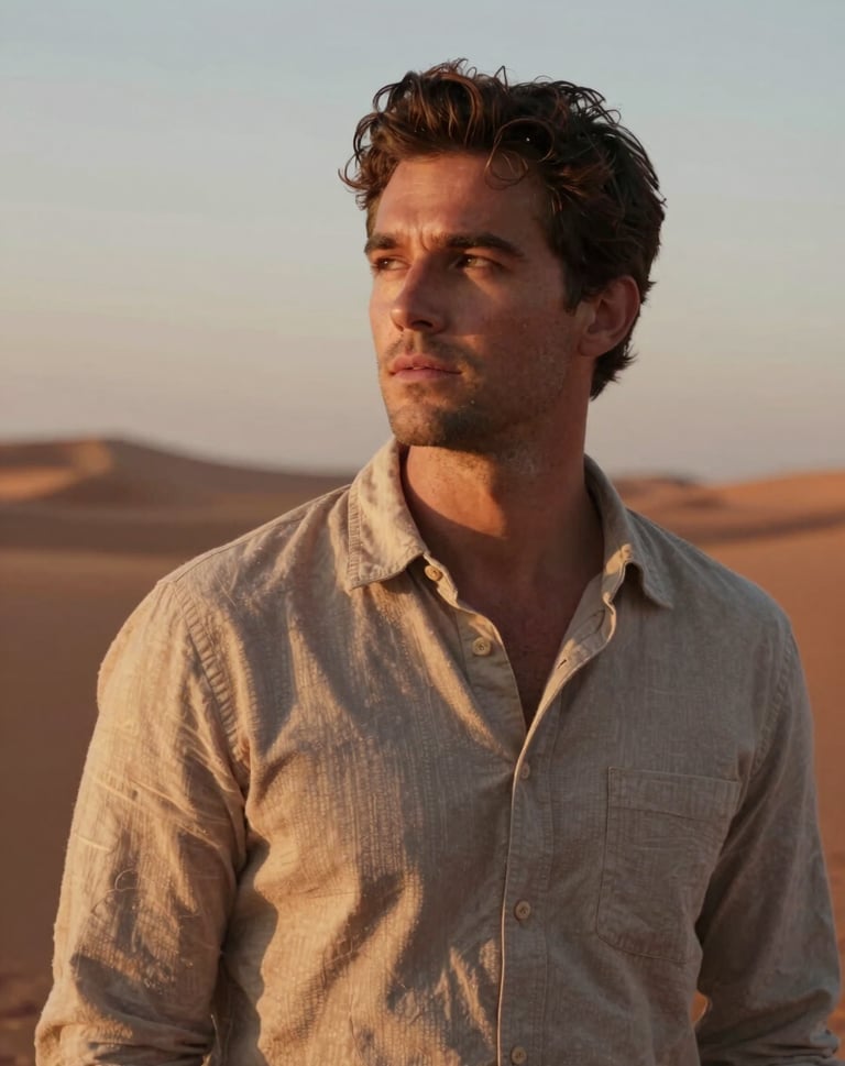 A cinematic, personal portrait of a man in casual North American attire, looking thoughtfully into the sunset. The lighting is warm and directional, highlighting textures in his clothing. Soft sand and terracotta hues dominate the background. Authentic and inviting mood.