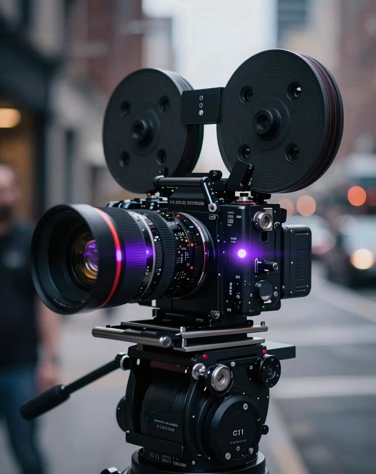Close-up of a high-end film camera on a professional movie set in a North American urban location. The lighting is cold and moody with light purple lens flares, capturing an edgy production vibe.
