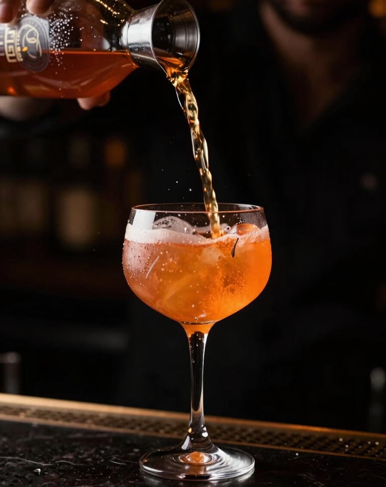 A high-speed photography capture of a signature cocktail being poured in a dark Sydney bar, droplets suspended in mid-air, illuminated by a warm orange glow against a deep black background.