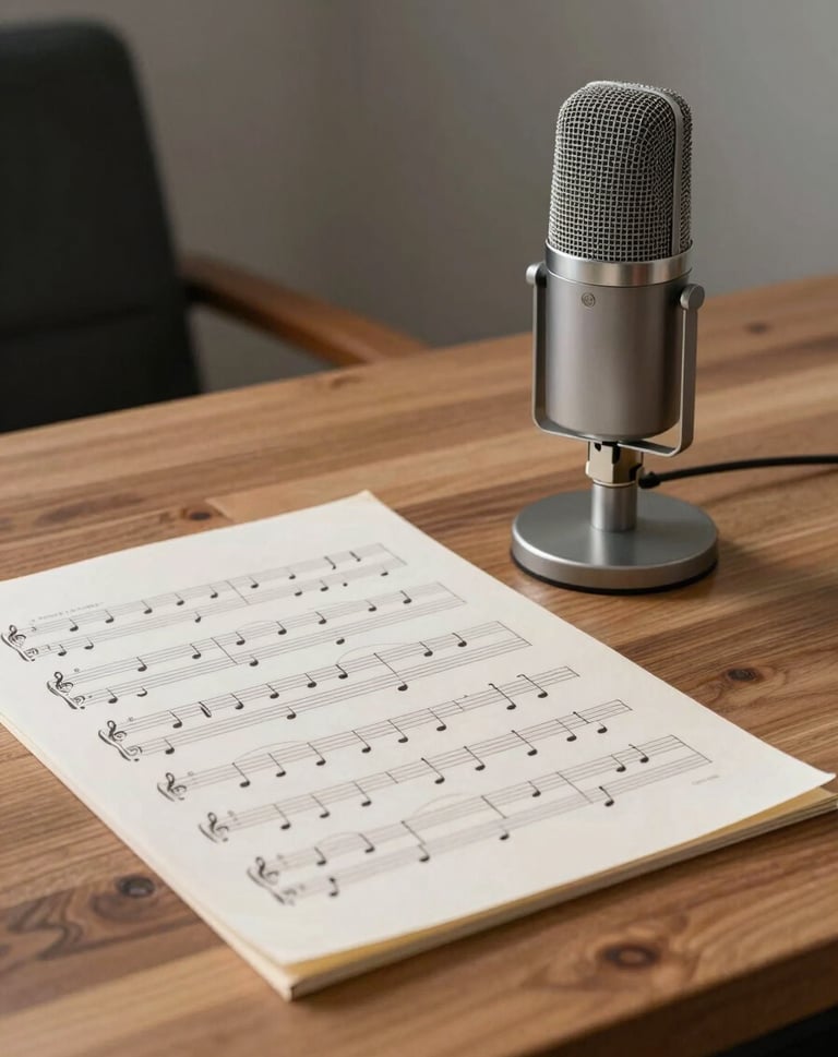 A creative still life of a music manuscript and a minimalist microphone on a wooden desk in a Latin American / Spanish studio, steel grey and soft off-white color palette.