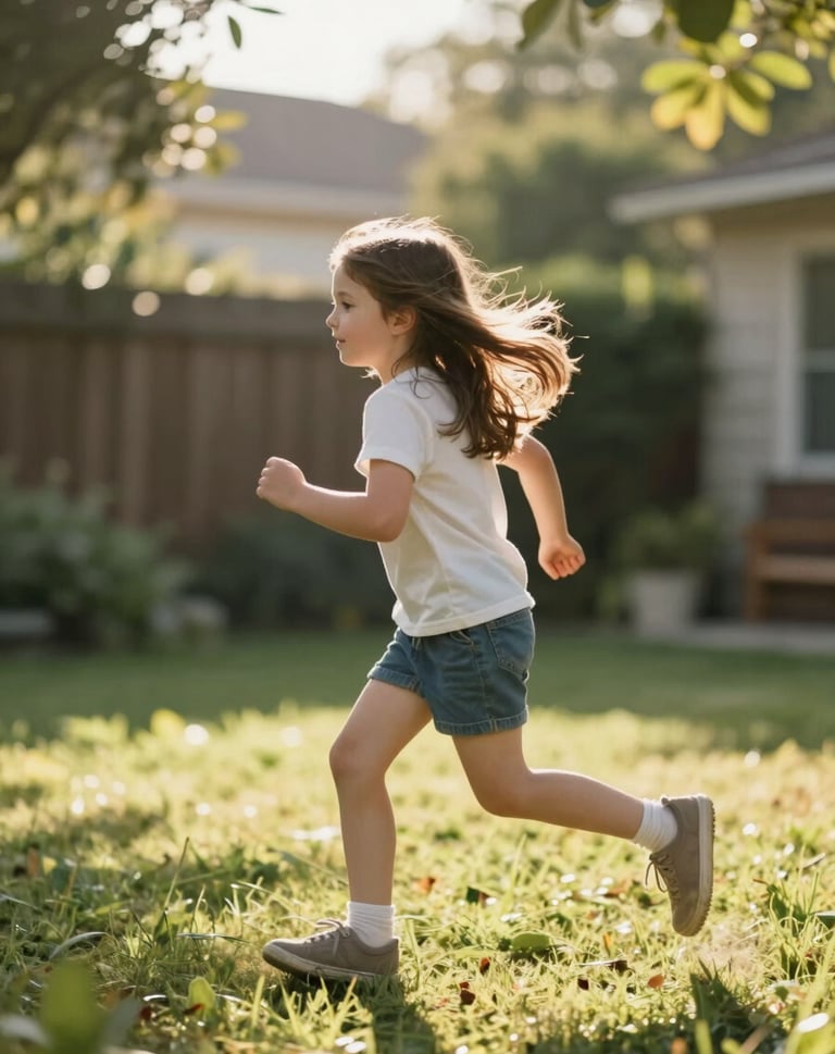 A cinematic vertical shot of a young girl running through the backyard, her hair backlit by the sun, creating a glowing halo effect. The environment is a sun-drenched, natural landscape.