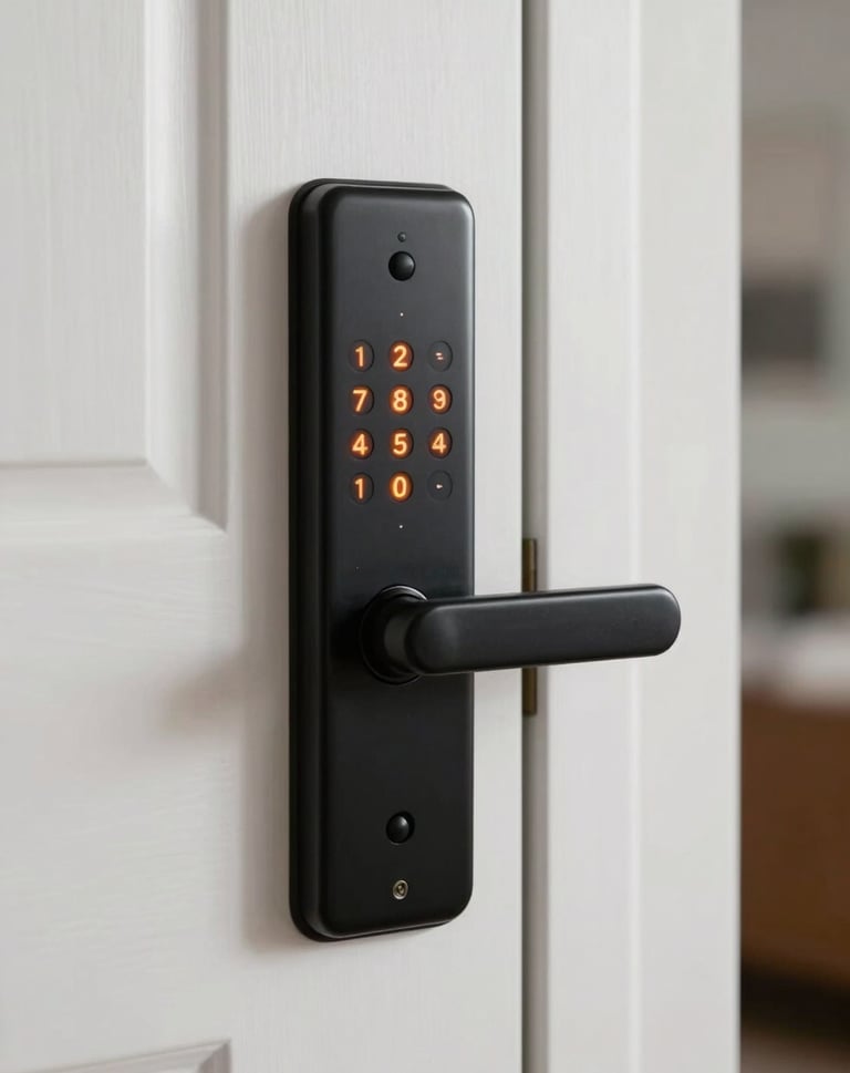 Detailed close-up of a sleek black electronic door lock with a glowing orange keypad, installed on a minimalist white door in a modern South American / Brazilian home.