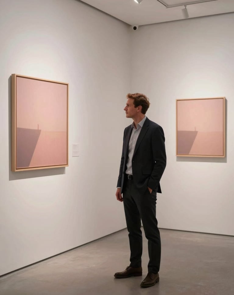 A sophisticated professional in an International / Western gallery, standing before a minimalist exhibit. The scene is bathed in muted rose and pearlescent white tones with soft sunset lighting.