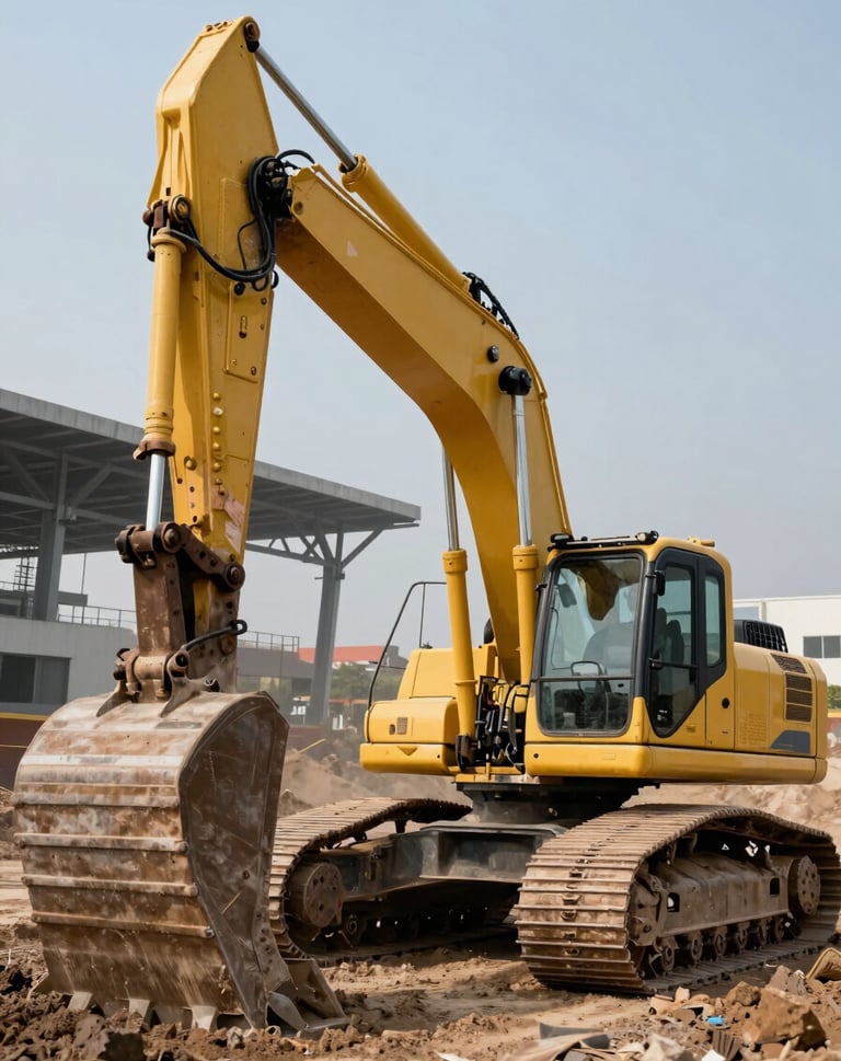 A low-angle, powerful shot of a large yellow excavator at a massive earth-moving site in Mexico. In the background, modern steel infrastructure is visible under a clear sky. The lighting highlights the textures of safety orange metal and soft grey dust.