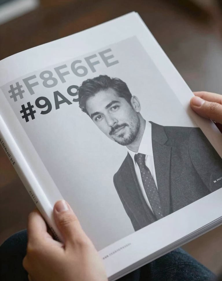 Close-up cinematic shot of hands holding a printed campaign book. The paper has a matte texture. Soft lighting, sophisticated atmosphere, colors focusing on #F8F6F2 and #9A9E96.