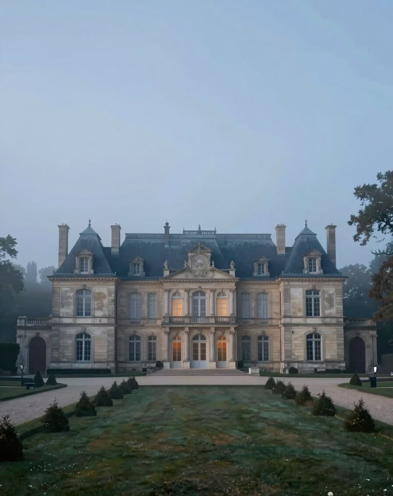 Atmospheric wide shot of a luxury estate in Bordeaux at dawn, misty morning light, cinematic blue tones (#2C3E50) and soft grey (#95A5A6).