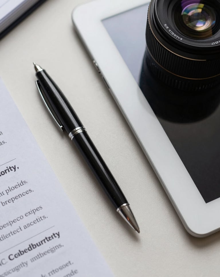 A top-down photograph of a silver tablet and a professional black ink pen resting on a light off-white desk, surrounded by notes on cybersecurity protocols.