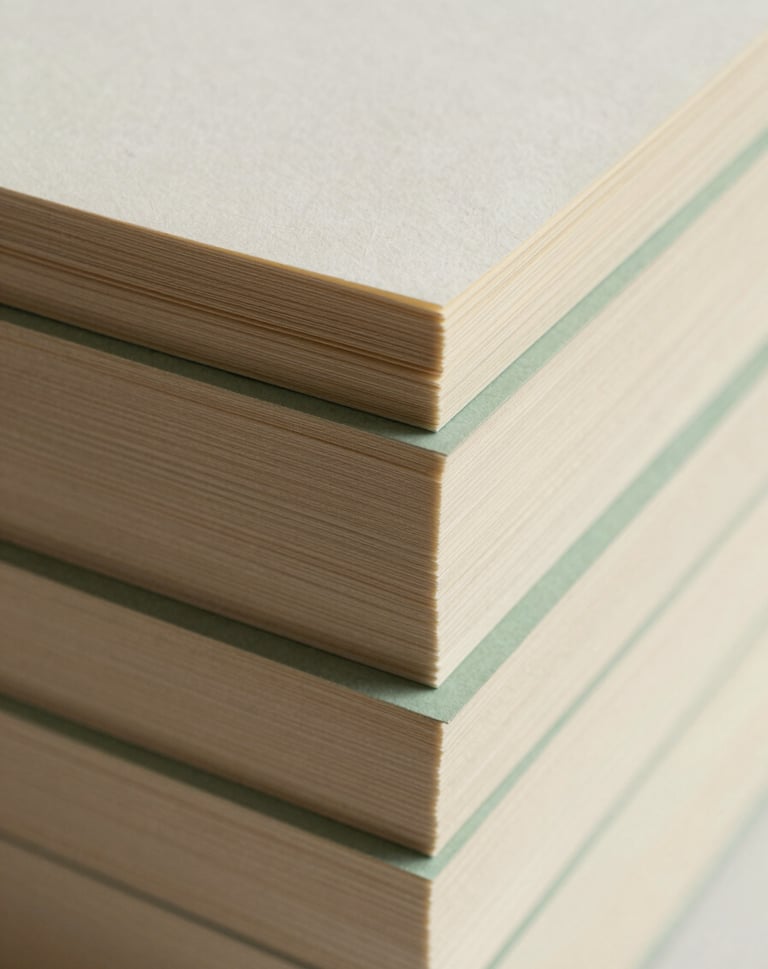 An artistic detail shot of a stack of handmade papers with deckled edges. The colors range from warm cream to a very light sage green. Elegant and artisanal texture.