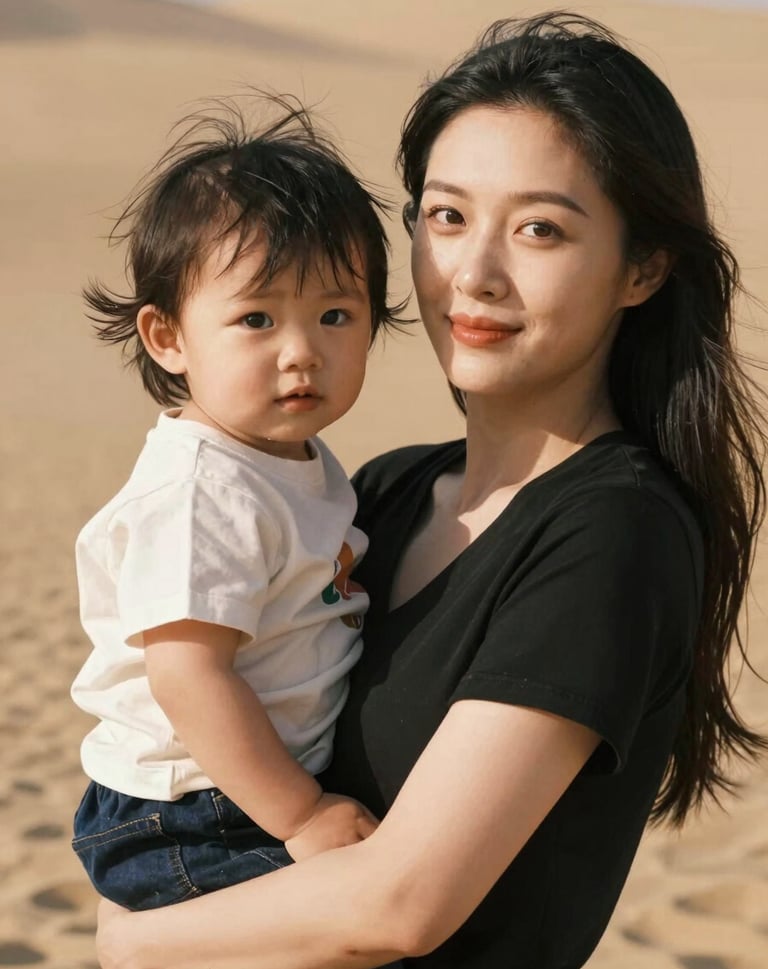 A portrait of a mother holding her toddler, both bathed in natural, warm sunlight. The background is a soft sand color. The image exudes warmth and professional polish while remaining deeply approachable.
