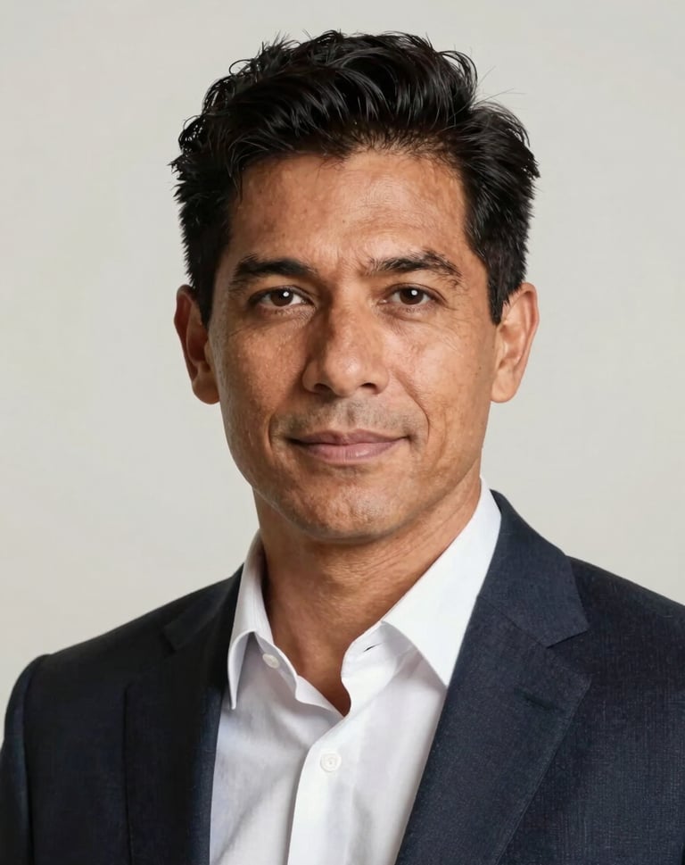 A clean, high-end headshot of a South American / Brazilian professional against a neutral off-white background, soft studio lighting focusing on an authentic expression, professional and elegant style.