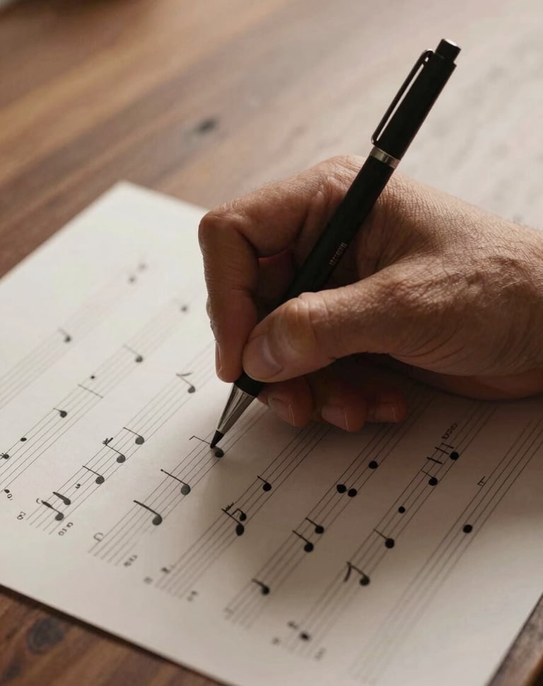A candid, close-up photograph of a musician's hand writing musical notation on paper. The scene is lit with warm walnut tones and soft taupe shadows, emphasizing the creative process.