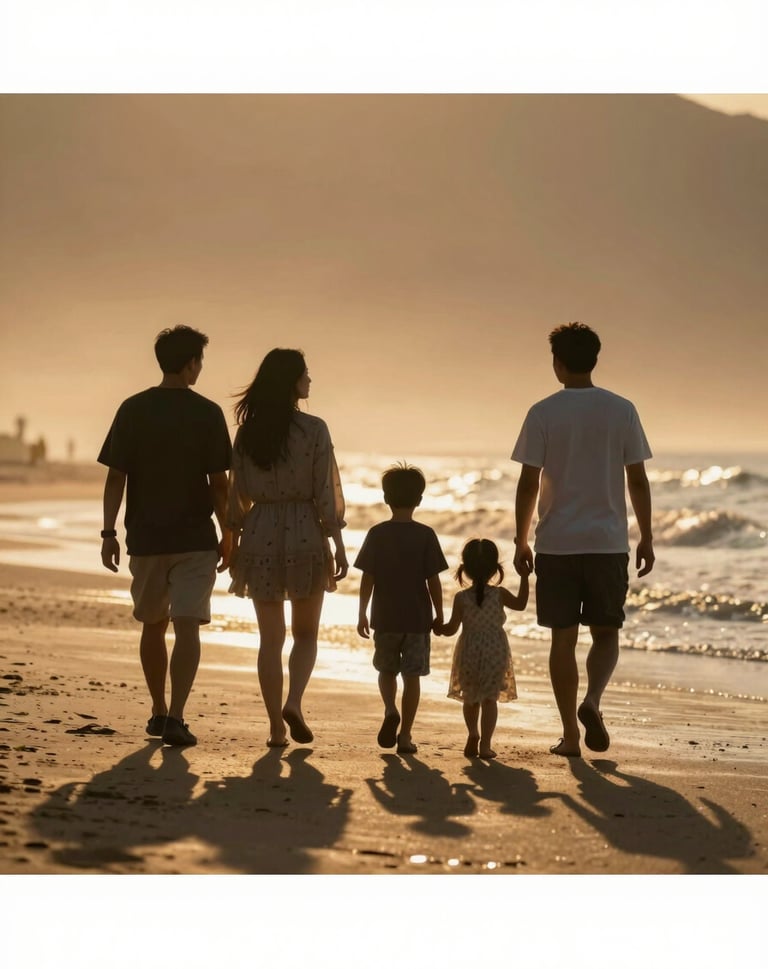 Cinematic wide shot of a family walking on a sun-drenched beach during golden hour. Silhouettes softly illuminated by warm light, authentic storytelling, peaceful mood.
