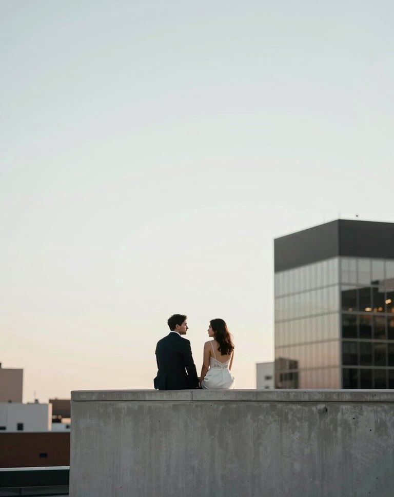 A candid, high-end photograph of a couple sharing a quiet moment on a minimalist rooftop in a North American city. The sky is a pale white and the architectural lines are clean and sharp, reflecting a sophisticated and professional style.