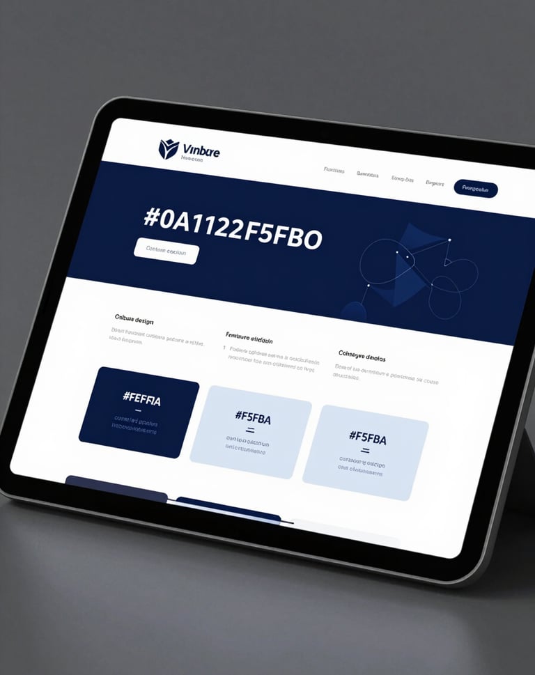 A tablet showing a finished website design for a venture capital firm. The screen glows with a clean, sophisticated layout featuring #0A1128 and #F5F8FA contrast. Minimalist and elite aesthetic.