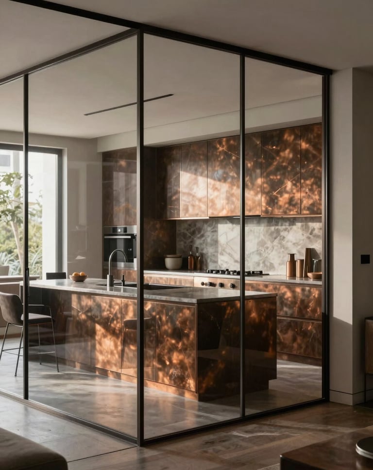 Wide shot from the interior looking through the partition. The glass reflects a sophisticated modern kitchen with warm bronze accents, showing how the metalwork integrates into a high-end living space.