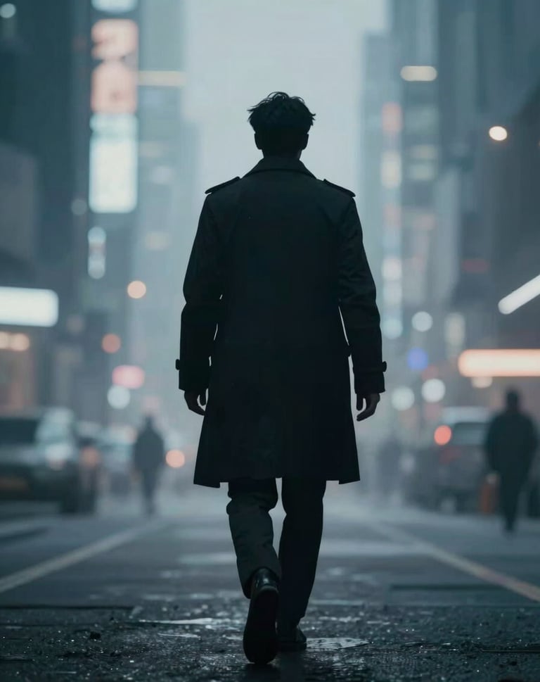 A cinematic wide shot of a futuristic character silhouette walking through a neon-lit landscape. Moody aesthetic using #4A6B8A and #d4d4d4 highlights for a professional feel.