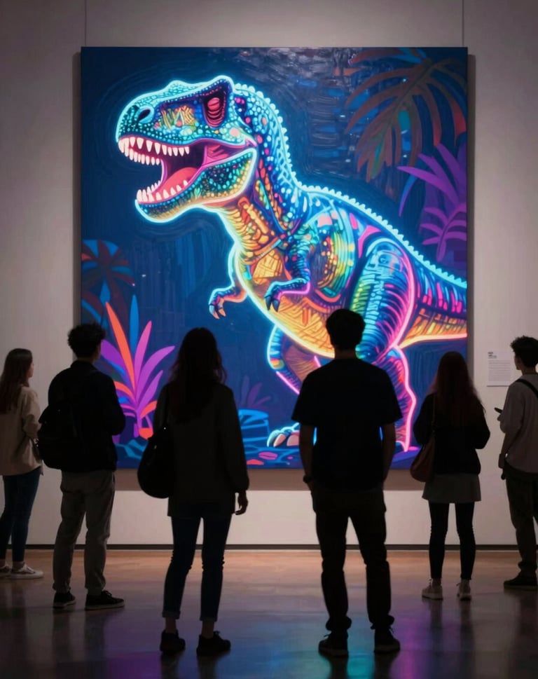 An artistic shot of silhouettes of people standing in front of a glowing, neon-colored T-Rex painting. The lighting is dramatic, reflecting the retro-cool charm and contemporary pop-art energy of the exhibition.