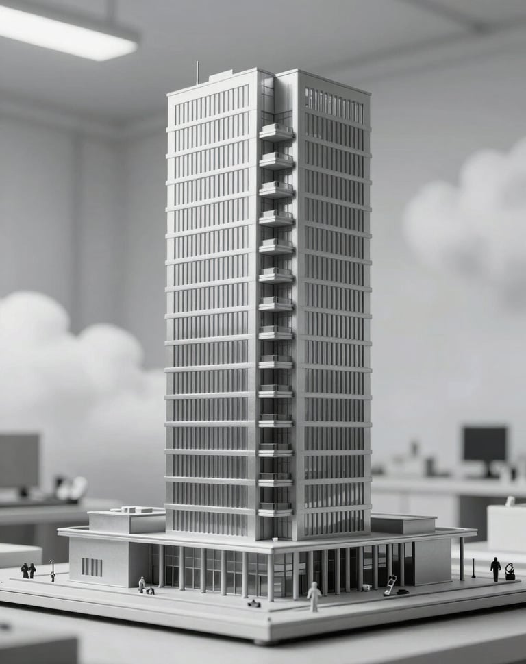 A detail shot of a physical scale model of a contemporary building made from Light Silver materials, positioned against a minimalist Soft Cloud backdrop in a North American / US design lab.