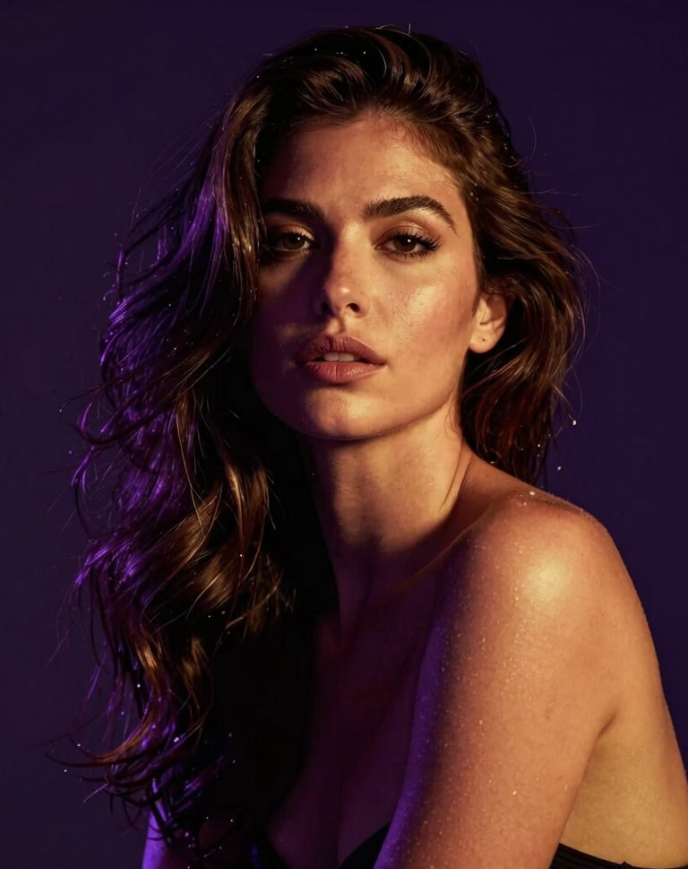 An intimate, moody portrait of a gorgeous adult model in a dark-mode setting, look of pure confidence, illuminated by soft golden and violet neon lights. High-end, seductive photography, Latin American / Global.