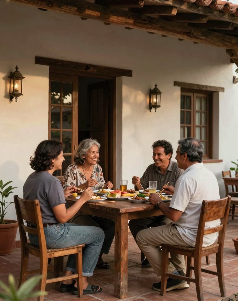 A candid shot of the whole family sitting on a terracotta tiled porch, sharing a meal and laughing. Western / Global architectural details, warm cinematic lighting, authentic atmosphere.