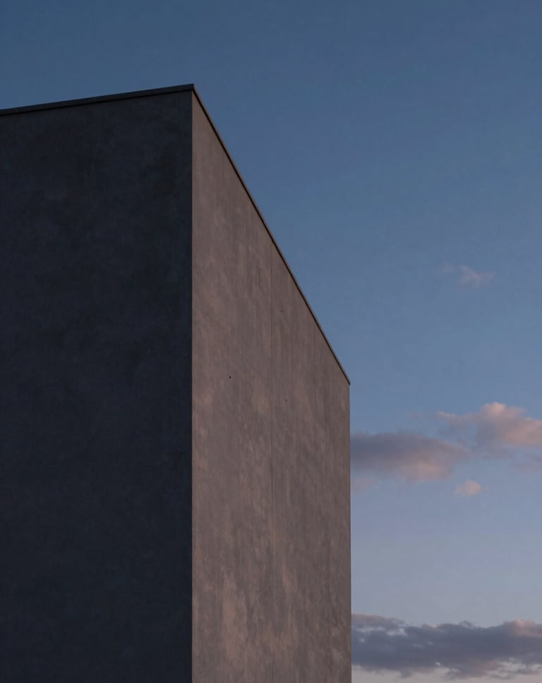 Twilight photography of a minimalist building exterior in Portugal. The structure glows softly against a deep blue sky. Refined Midnight Grey and Soft Cloud palette, elegant lighting, cinematic composition.
