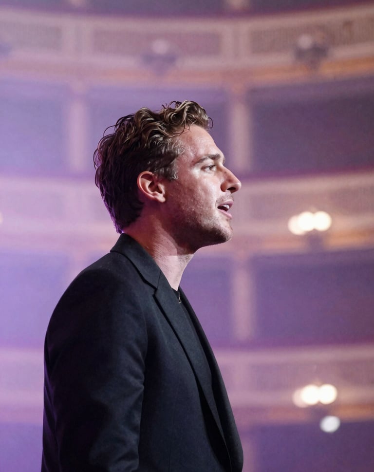 A profile view of Stefan Taylor singing, with a soft-focus background of a grand theater. The color palette features pale lavender mist and muted plum, creating a cinematic and engaging experience.